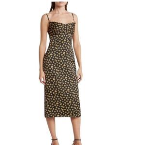 WeWoreWhat Yellow & Black Daisy Floral Spaghetti Strap Midi Slip Dress, Size 2